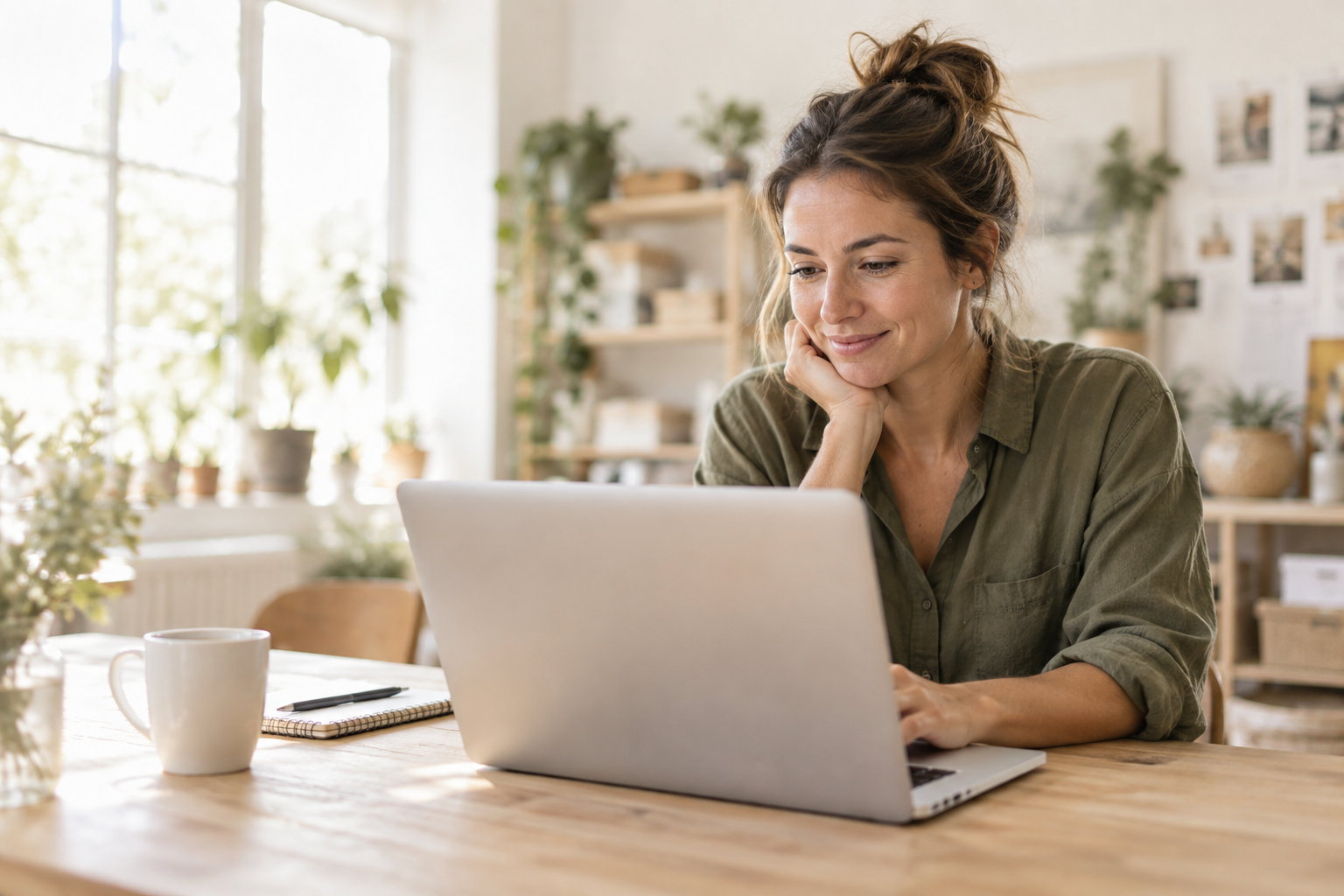 Woman working on a laptop at a sunlit home workspace